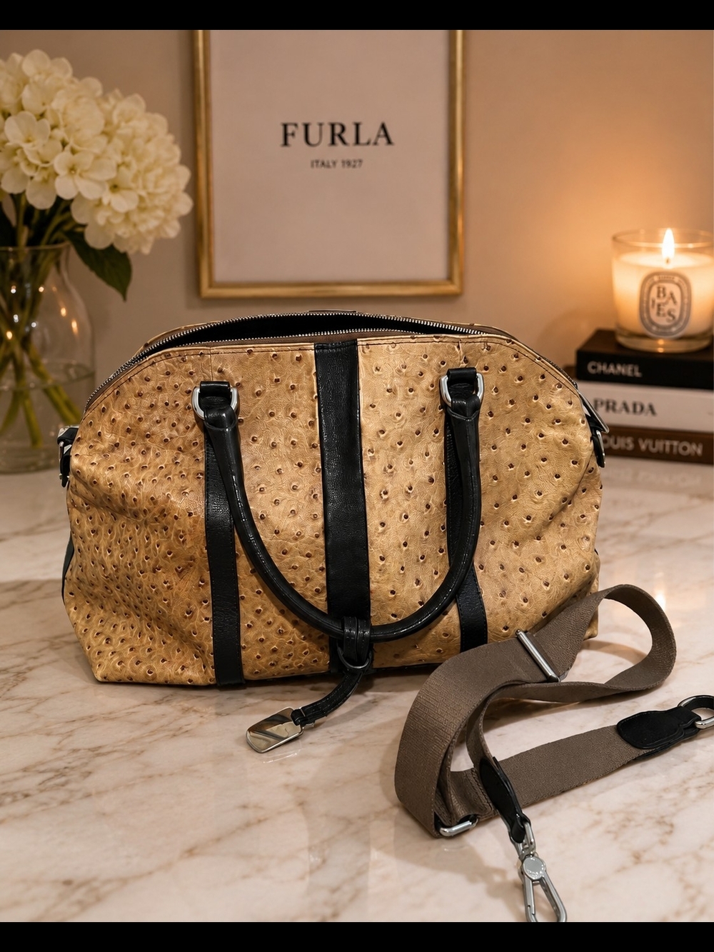 Furla Tan Ostrich-Effect Leather Shoulder Bag with Black Trim